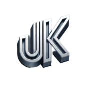 A 3D rendered logo with the letters "UK" in metallic blue with a reflection and shadow on a transparent background.